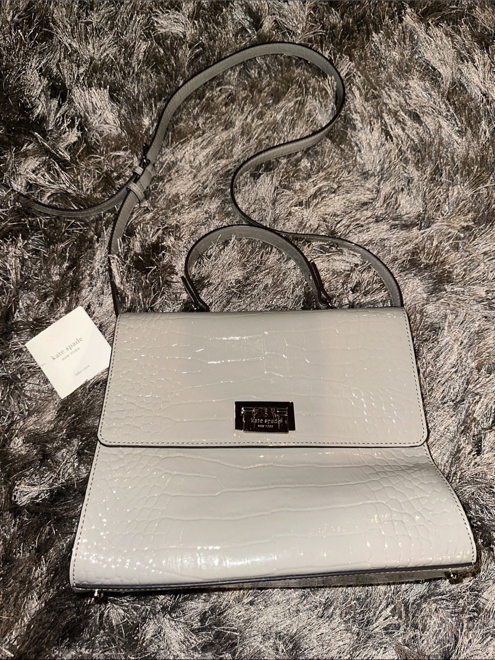 kate spade Gray Croc-Embossed Patent Top-Handle Satchel with Gold Hardware